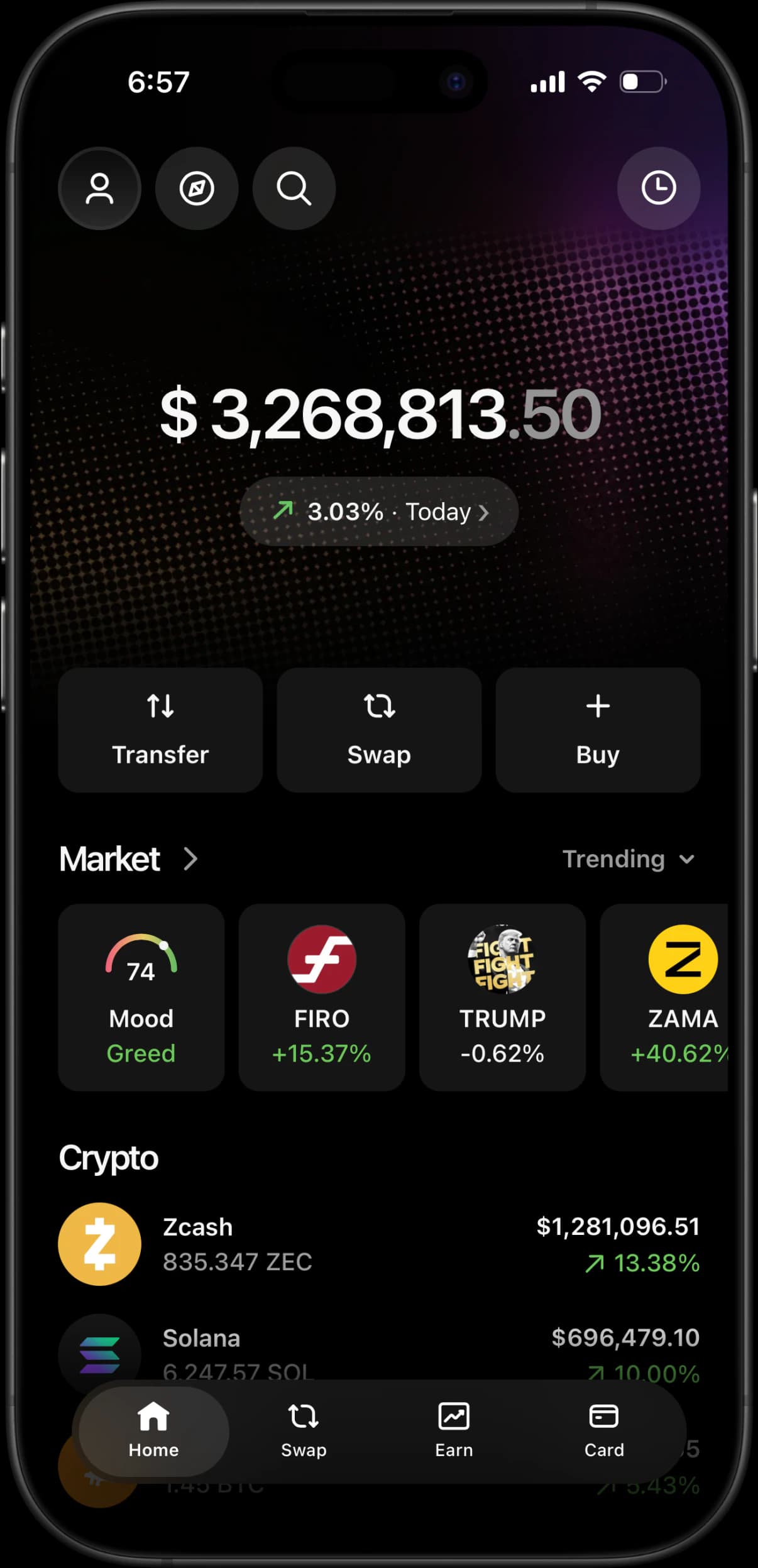 Ledger Live-style RP Wallet simulator on iPhone with fictional holdings