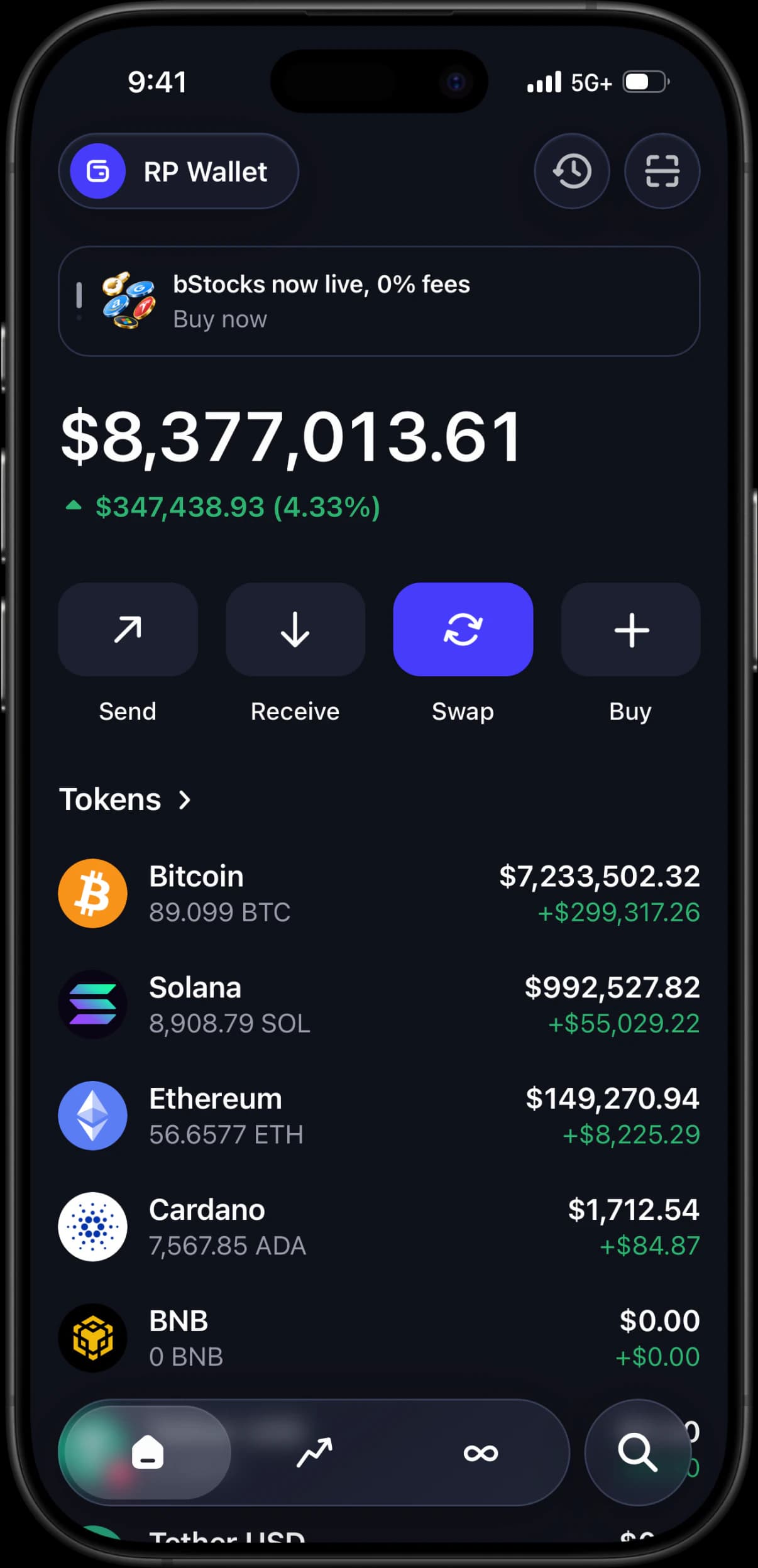 RP Wallet simulated wallet screen with a custom token list